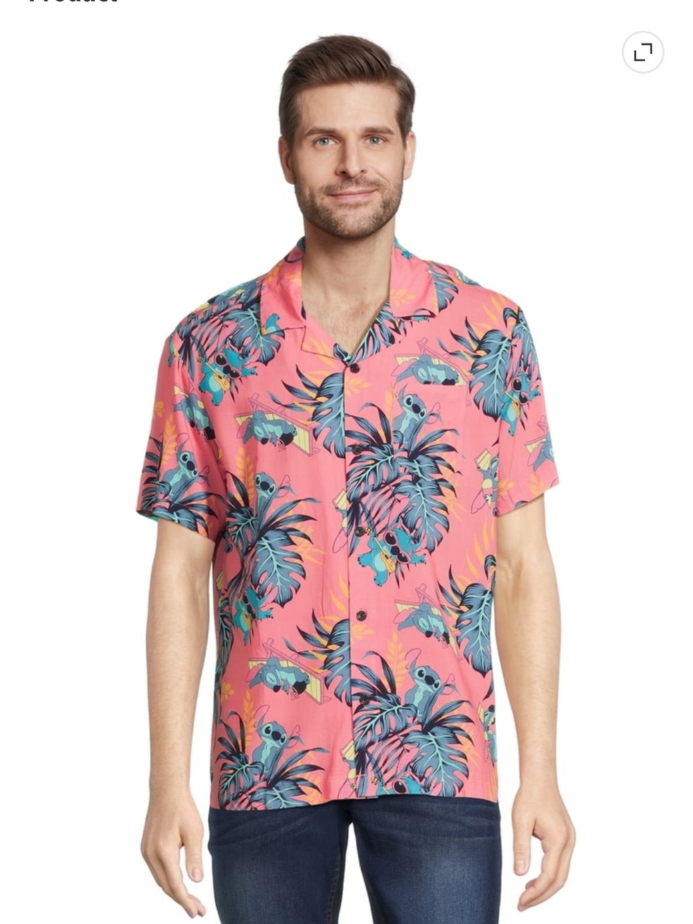 Disney Men's Pink Stitch Tropical Print Short-Sleeve Shirt